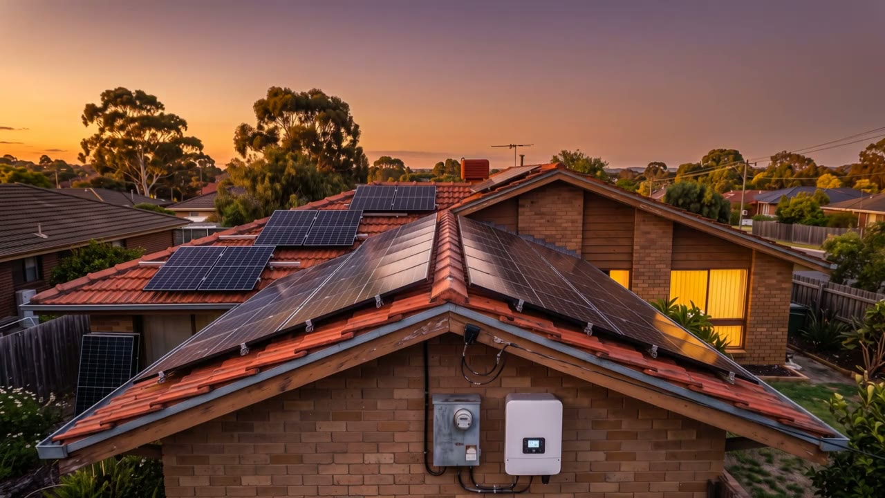 Finished rooftop solar system at dusk