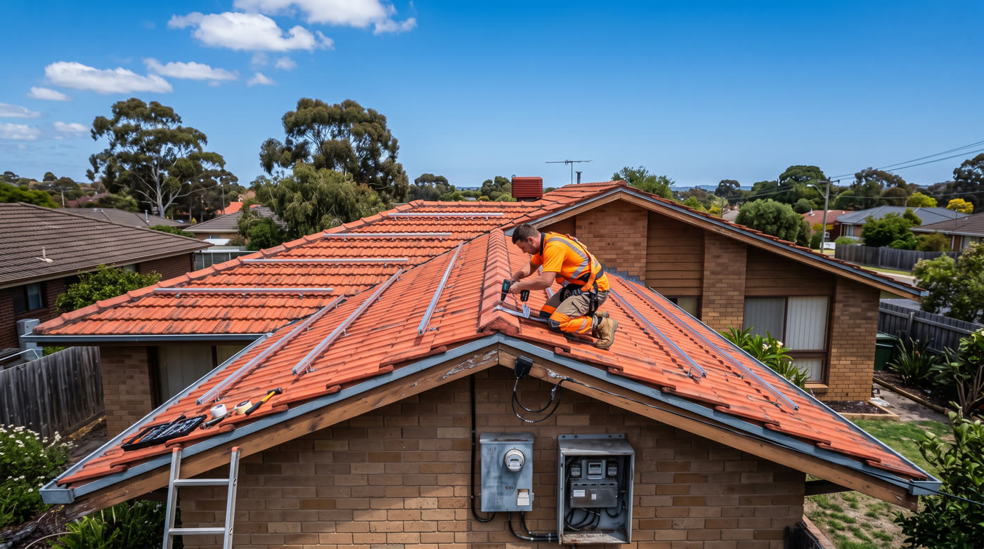 An installer fitting mounting rails to a tiled roof