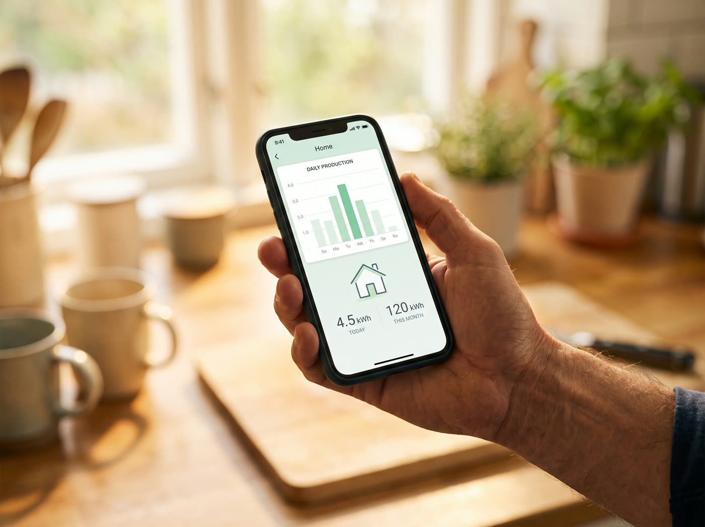 A hand holding a phone showing a solar monitoring app