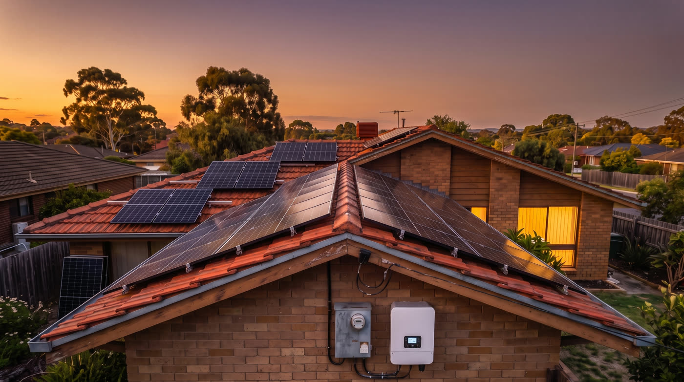 Finished rooftop solar panels at dusk, catching the last light